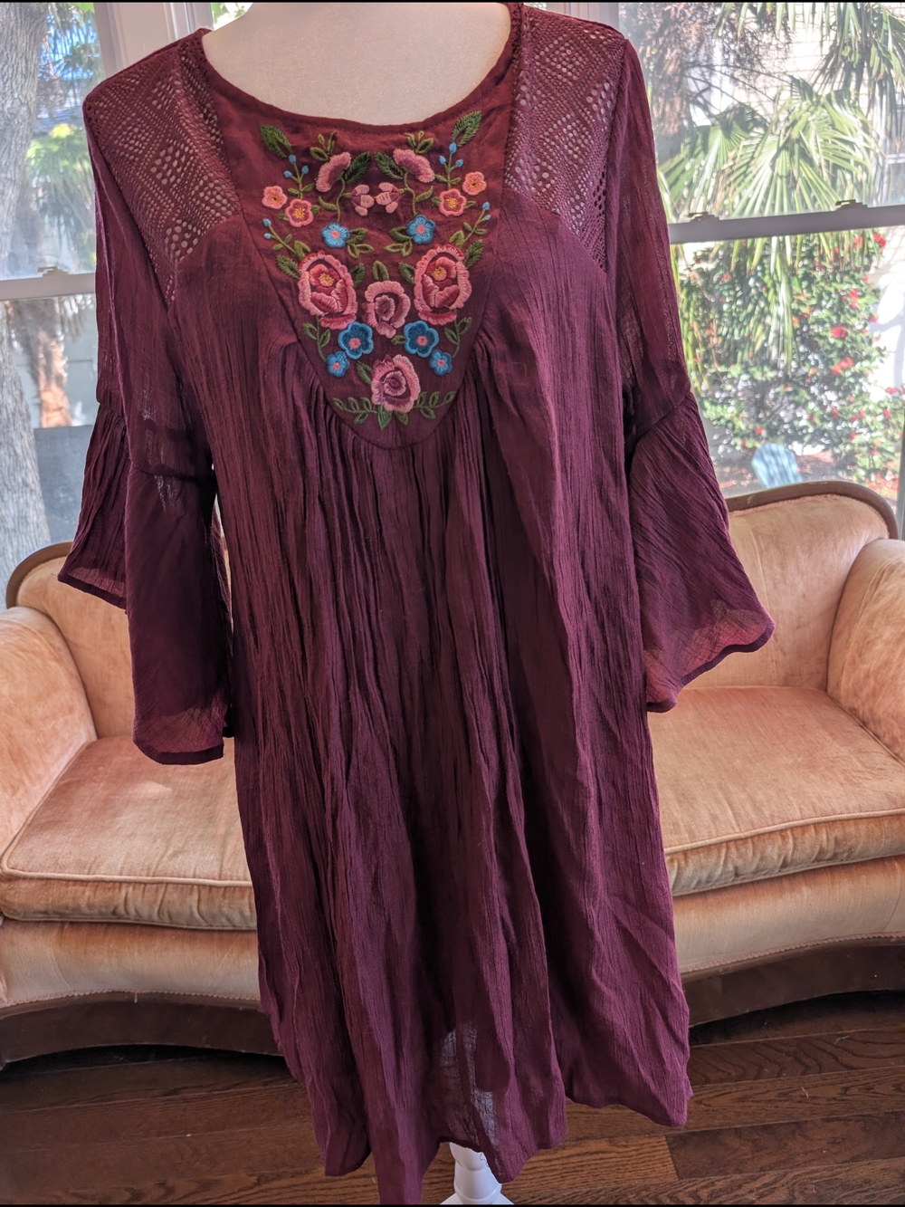 Umgee Plum Embroidered Boho Mini Dress Cottage Core